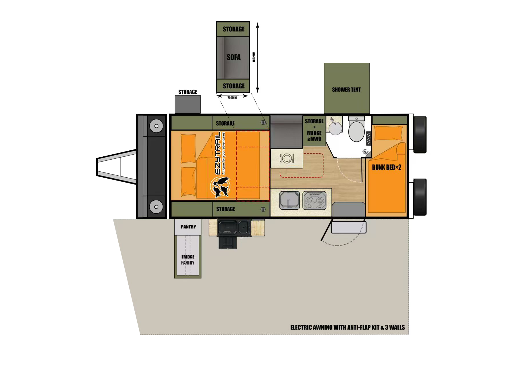 Ezytrail Ceduna 16 MK3 Quad caravan 2D floorplan